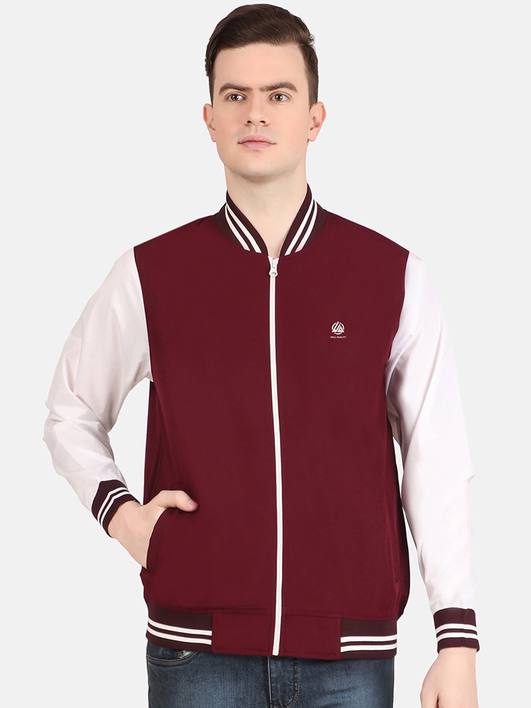 

WELL QUALITY Stand Collar Fleece Windcheater Varsity Jacket, Maroon
