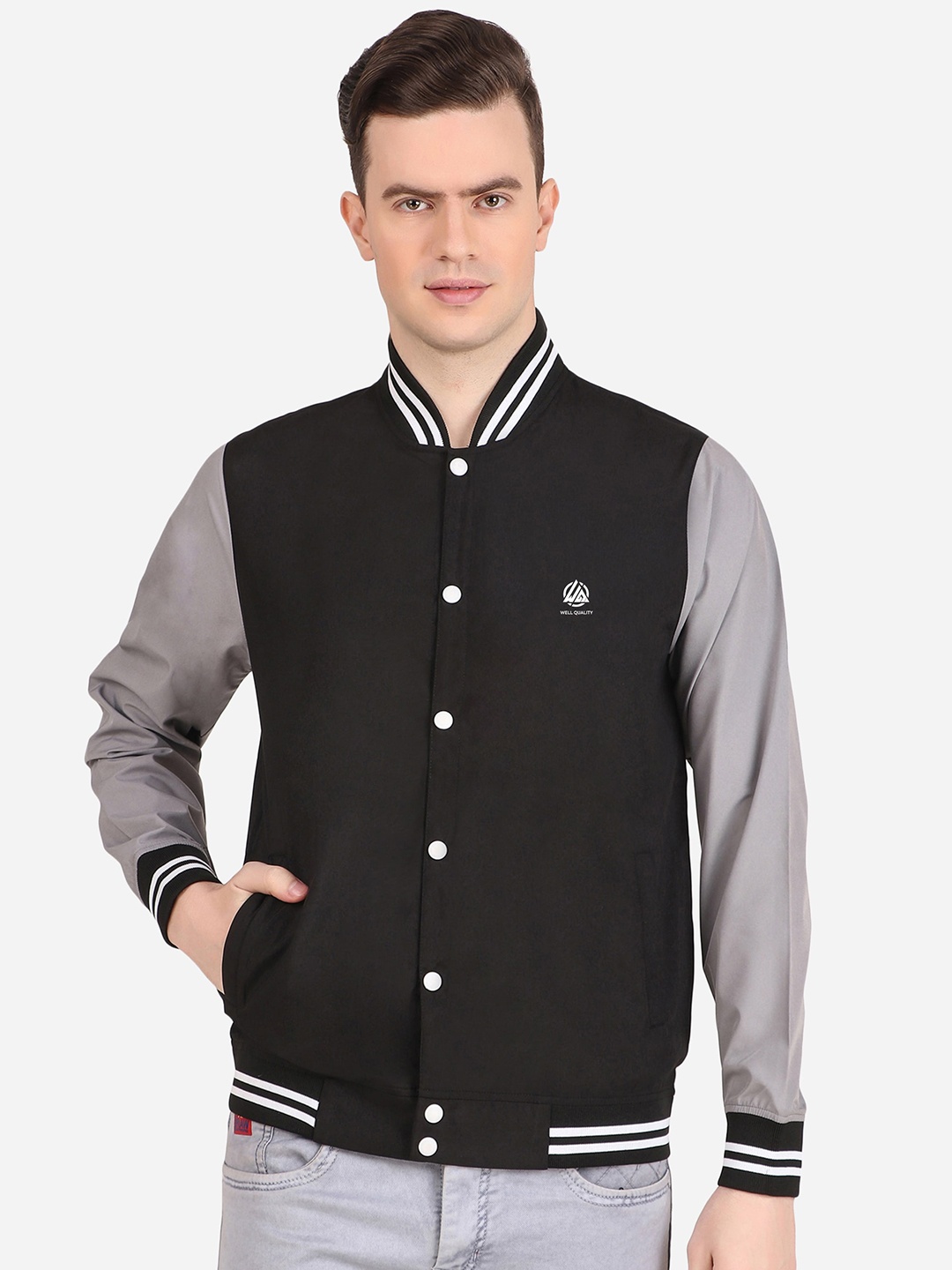 WELL QUALITY Mandarin Collar Windcheater Fleece Bomber jacket, Black
