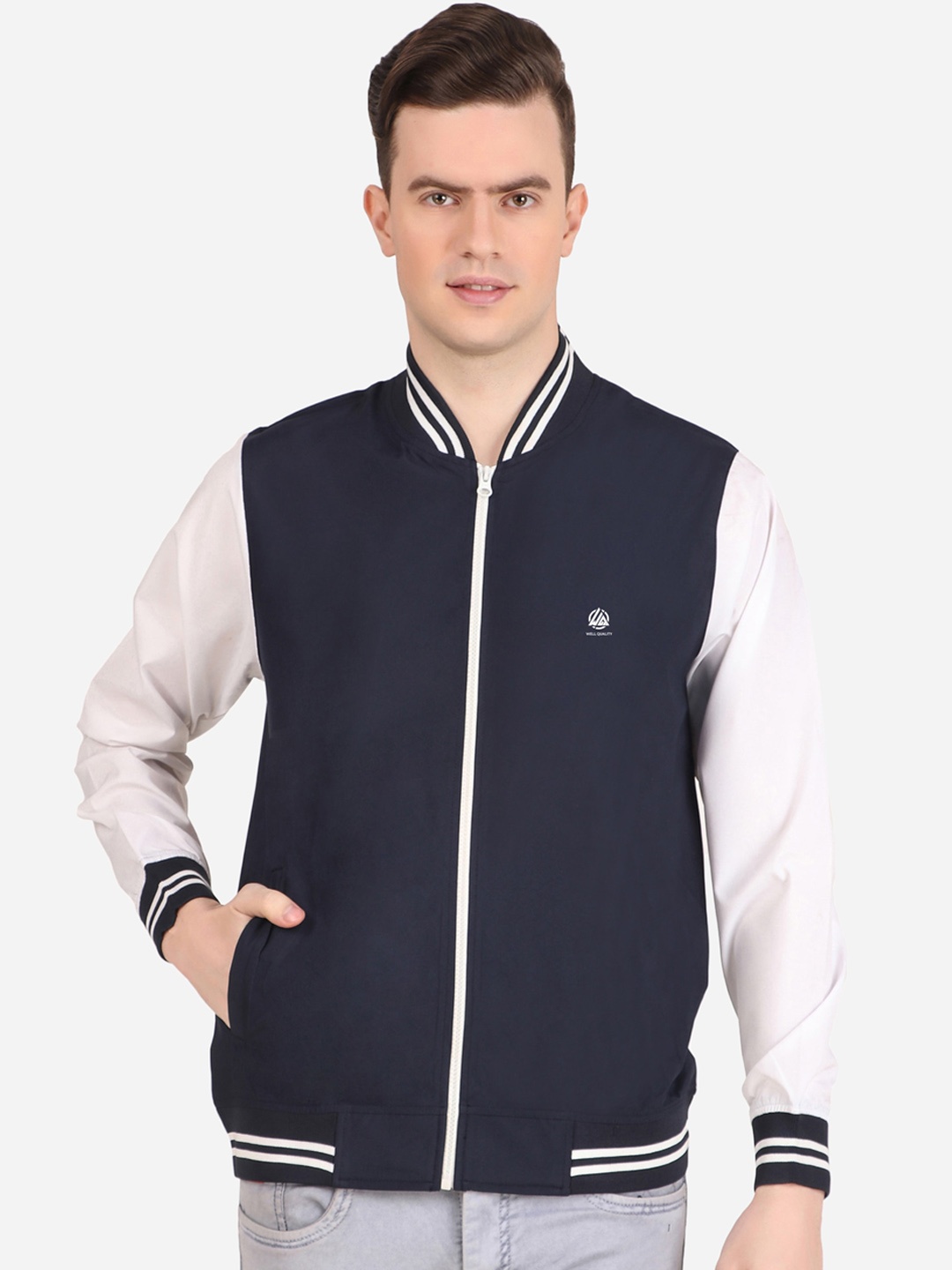 

WELL QUALITY Stand Collar Fleece Windcheater Varsity Jacket, Navy blue