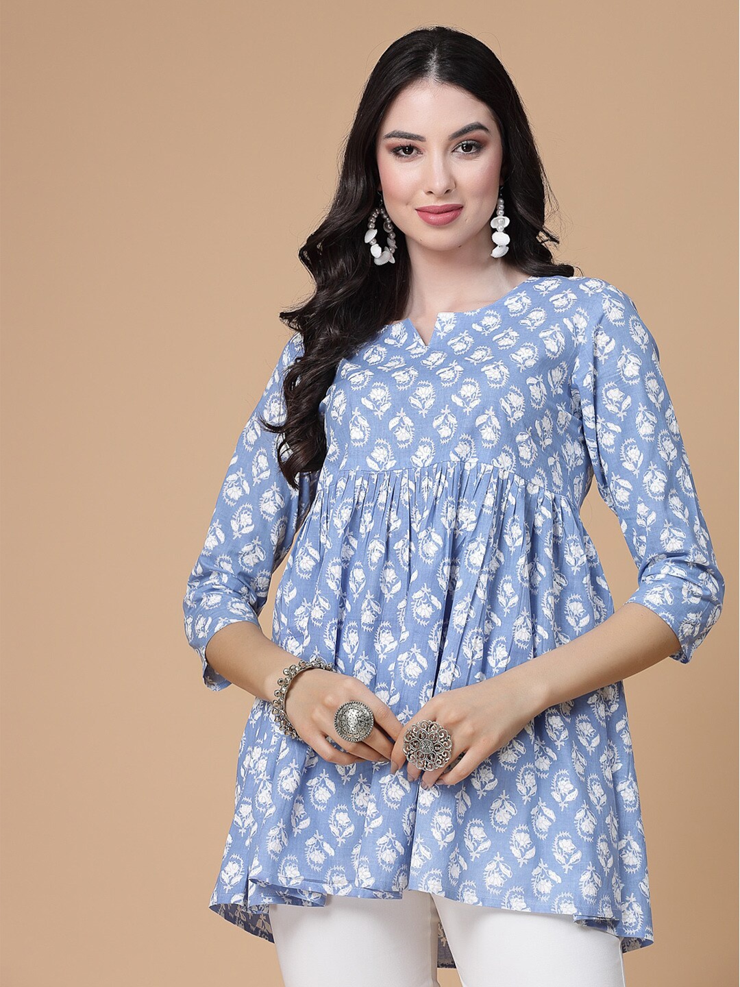 

SEVEN FLOWER Round Neck Floral Print Ethnic Cotton Peplum Top, Blue