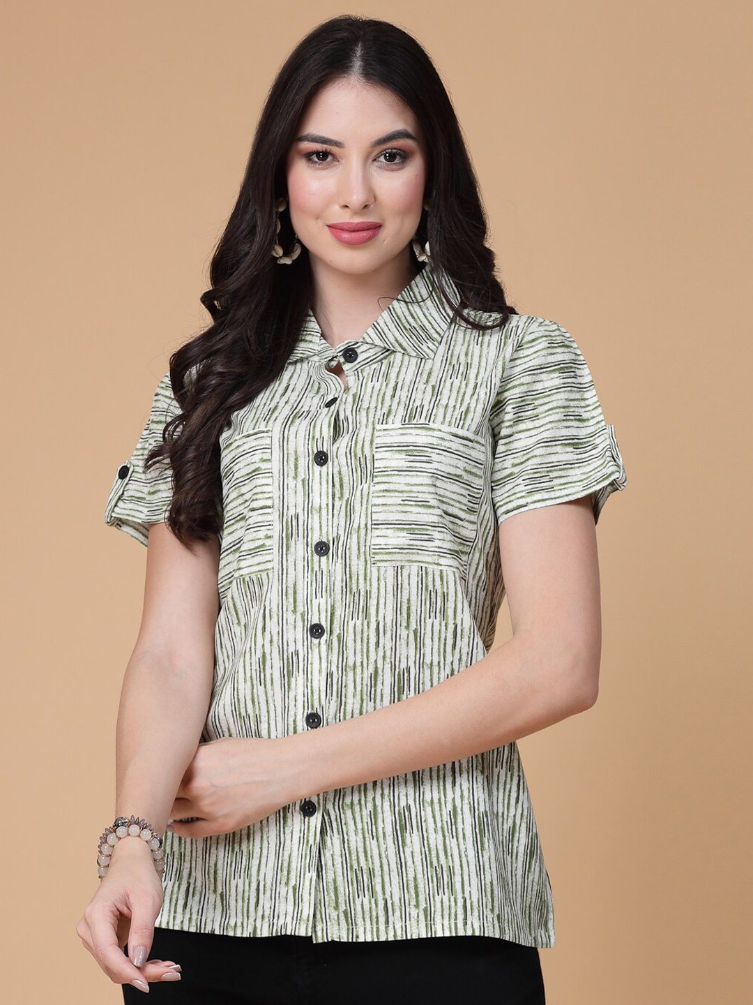 

SEVEN FLOWER Shirt Collar Short Sleeves Striped Shirt Style Top, Lime green