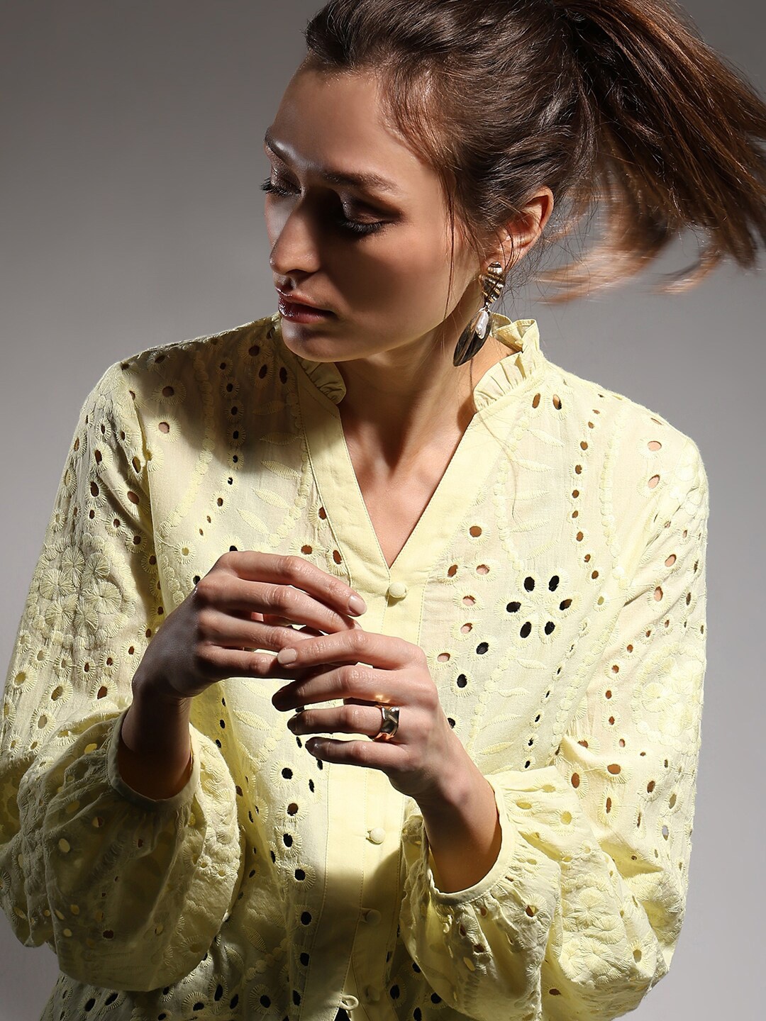 

Vero Moda Floral Embroidered Bishop Sleeves Semi Sheer Cotton Shirt Style Top, Yellow