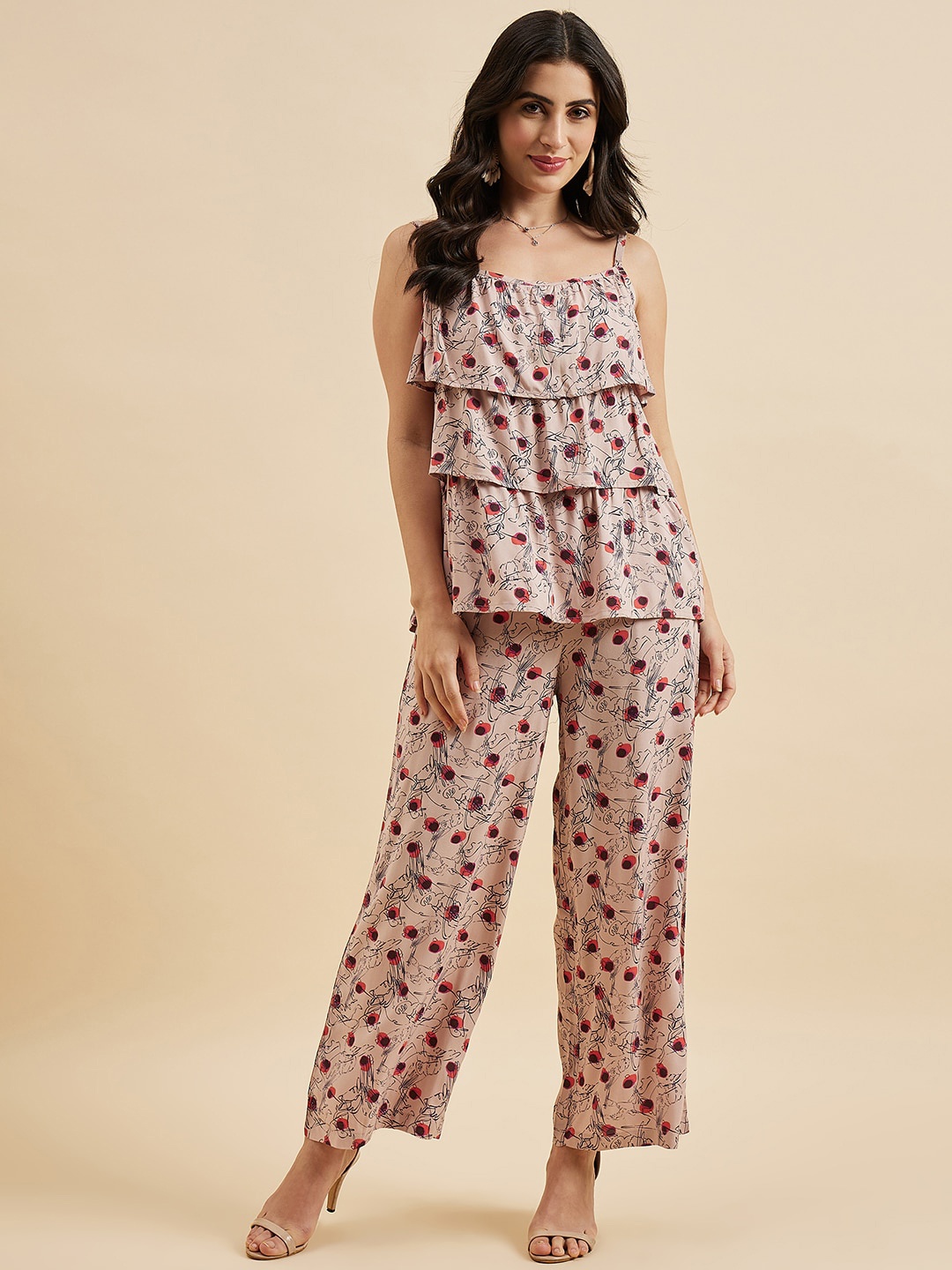 

Azira Abstract Printed Shoulder Straps Tiered Top With Trousers, Peach