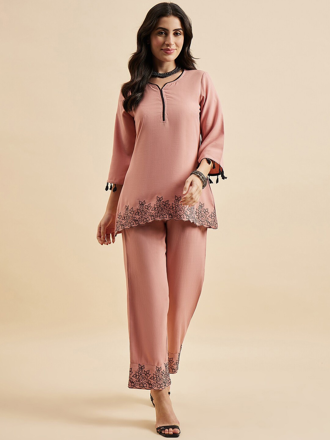

Azira Floral Embroidered V-Neck Tunic With Trouser, Peach