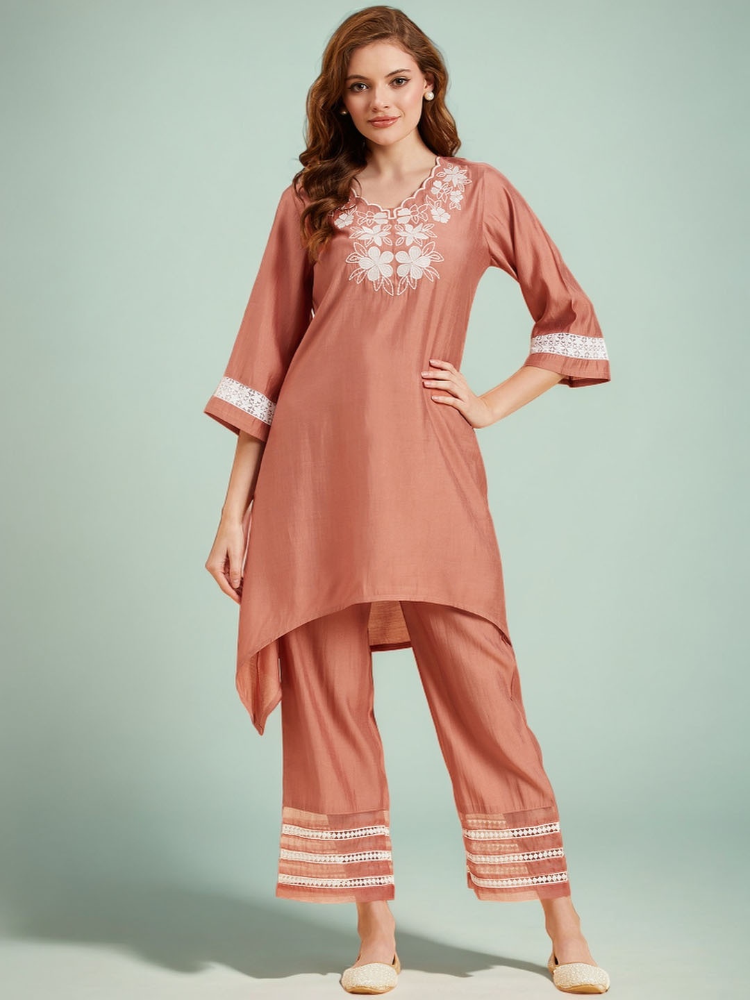 

Azira Floral Embroidered V-Neck Tunic With Trousers, Peach