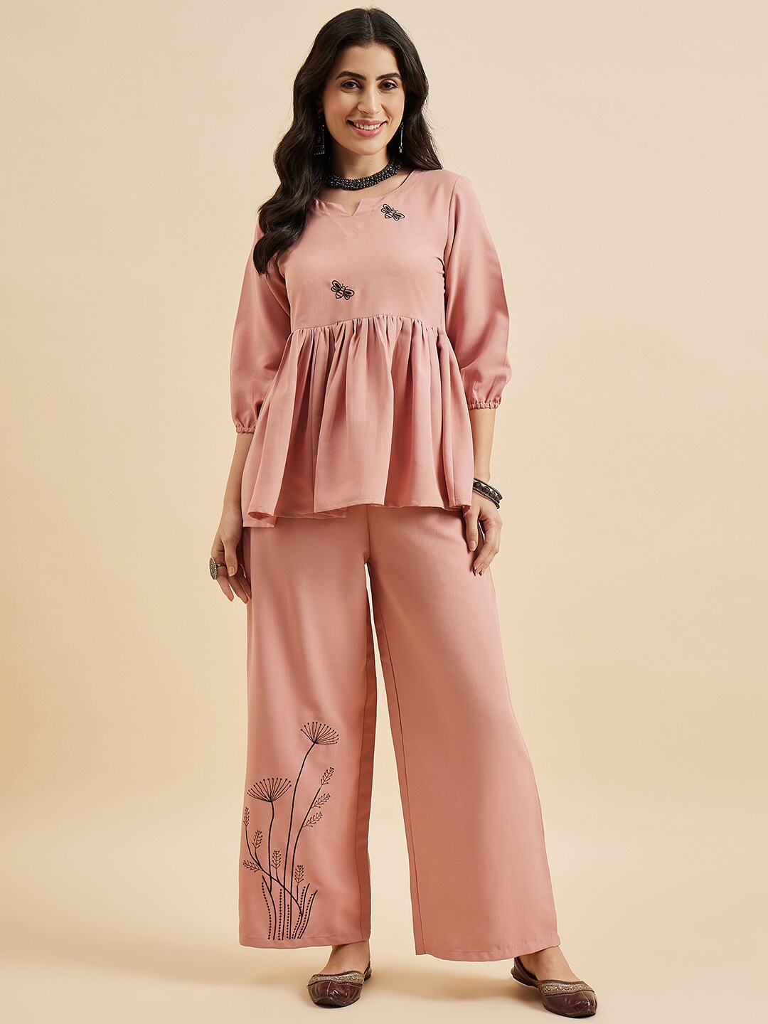 

Azira Floral Embroidered Round Neck Top With Palazzos, Peach