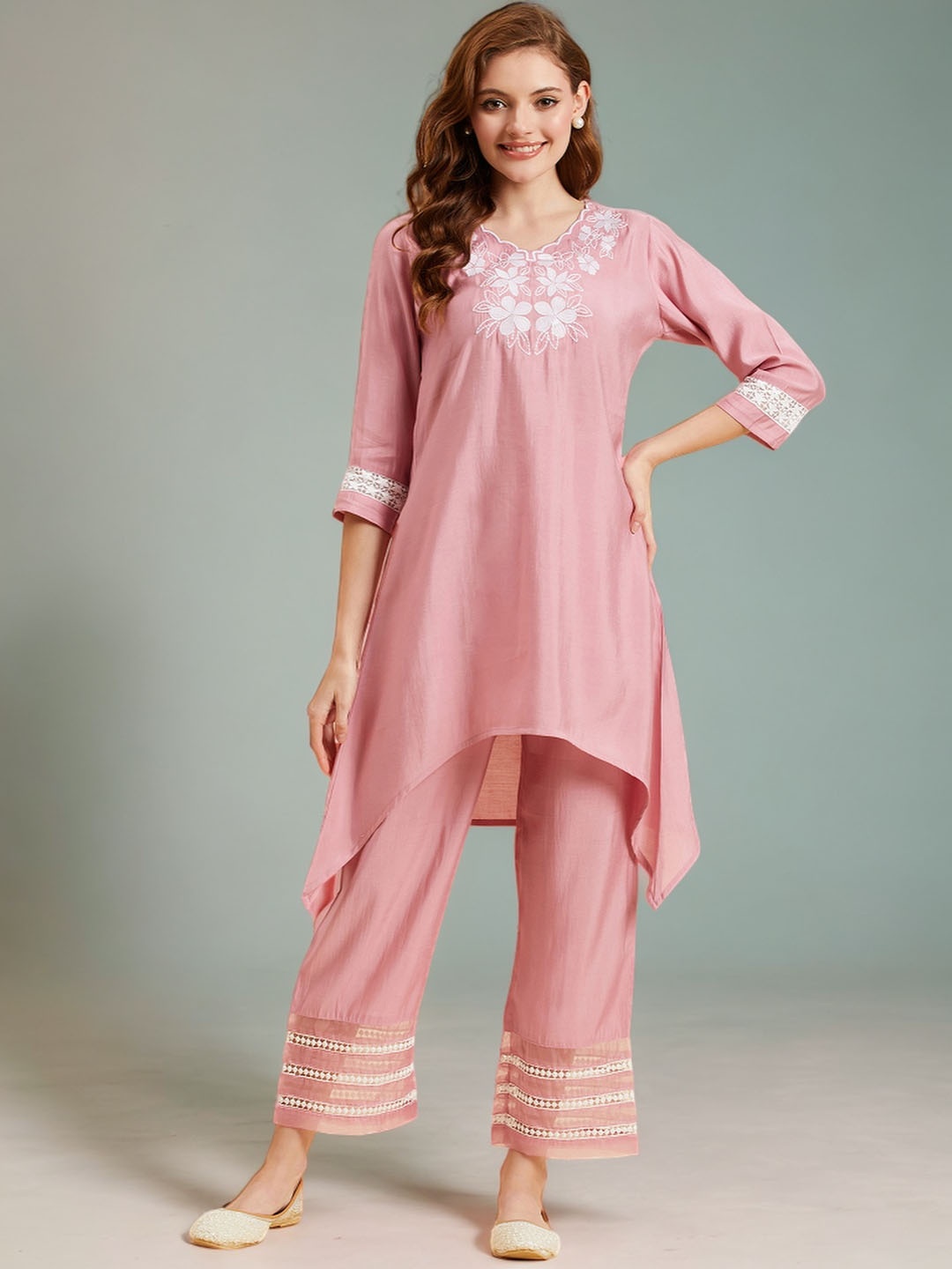 

Azira Floral Embroidered V-Neck Tunic With Trousers, Pink