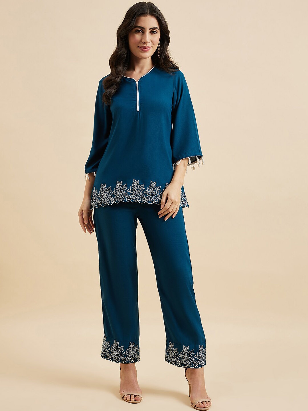 

Azira Floral Embroidered V-Neck Tunic With Trouser, Teal
