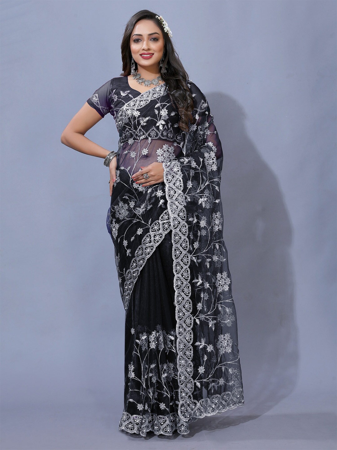 

Yara Creation Floral Embroidered Net Heavy Work Saree, Black
