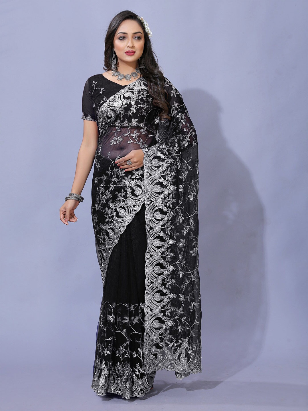 

Yara Creation Floral Embroidered Heavy Work Net Saree, Black