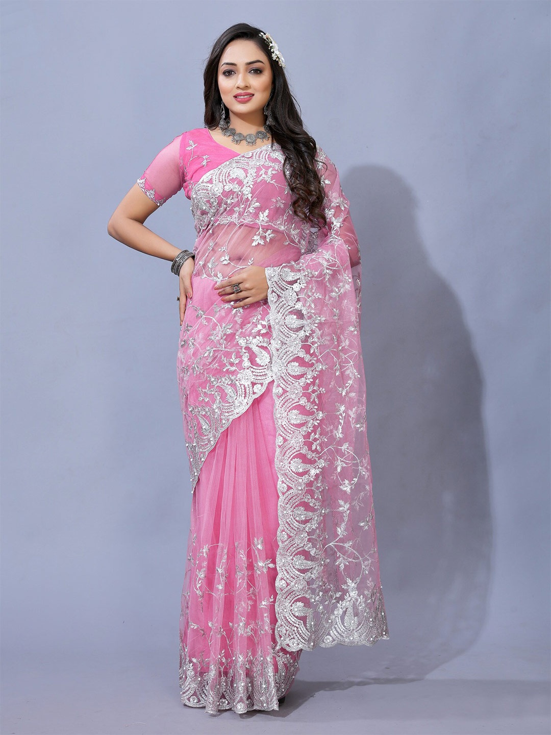 

Yara Creation Floral Embroidered Net Heavy Work Saree, Pink