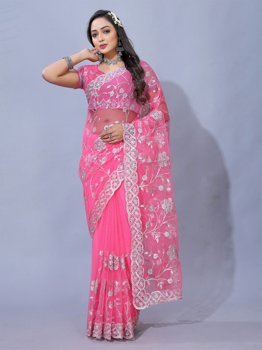Yara Creation Floral Embroidered Net Heavy Work Saree, Pink