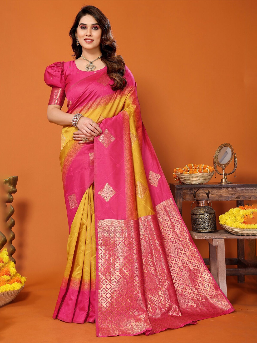 

vj fashion Ethnic Motifs Woven Design Zari Paithani Saree, Yellow