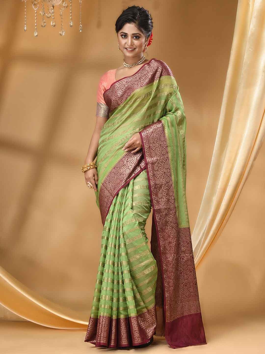 

HOUSE OF BEGUM Striped Woven Design Zari Banarasi Saree, Green