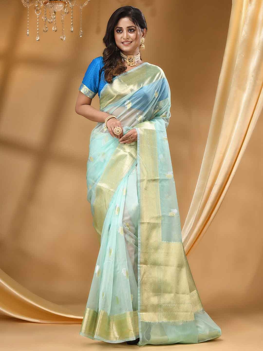 

HOUSE OF BEGUM Floral Ethnic Woven Design Zari Banarasi Saree, Sea green