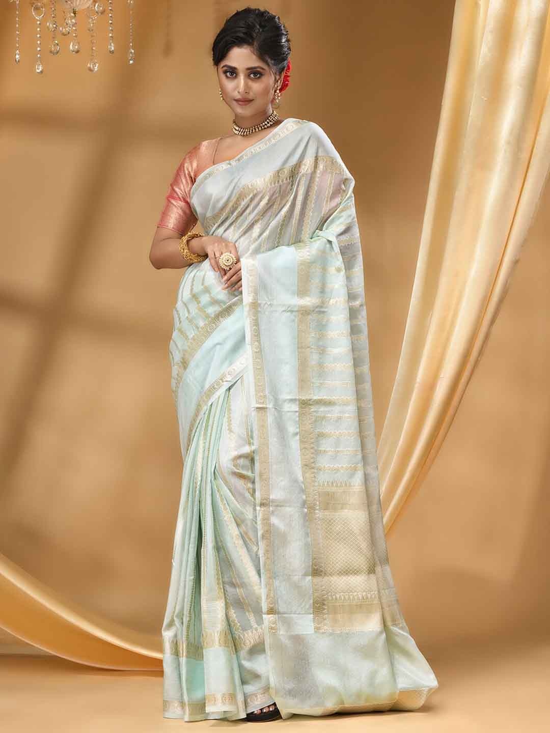 

HOUSE OF BEGUM Striped Woven Design Zari Banarasi Saree, Sea green