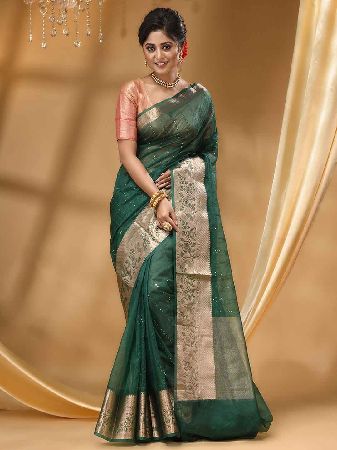 

HOUSE OF BEGUM Striped Woven Design Zari Banarasi Saree, Green