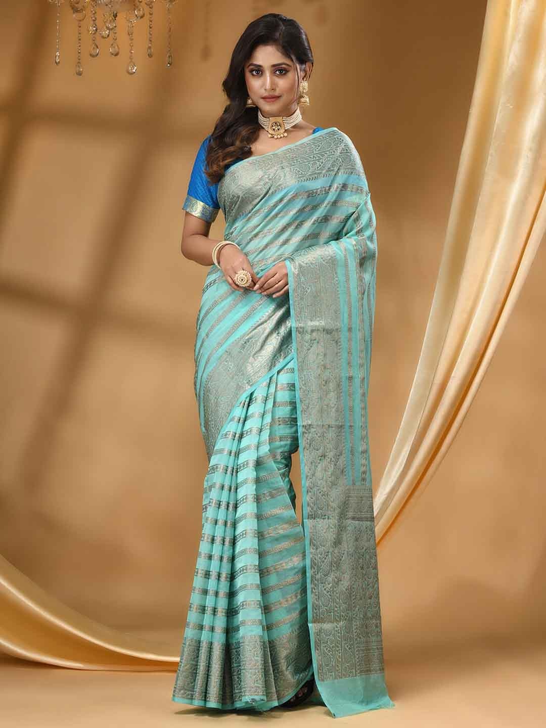 

HOUSE OF BEGUM Striped Woven Design Zari Banarasi Saree, Sea green