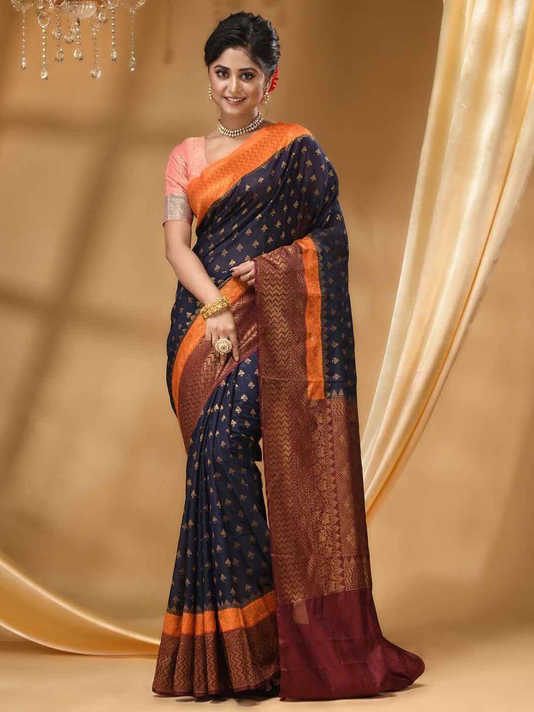 

HOUSE OF BEGUM Ethnic Motifs Woven Design Zari Banarasi Saree, Navy blue