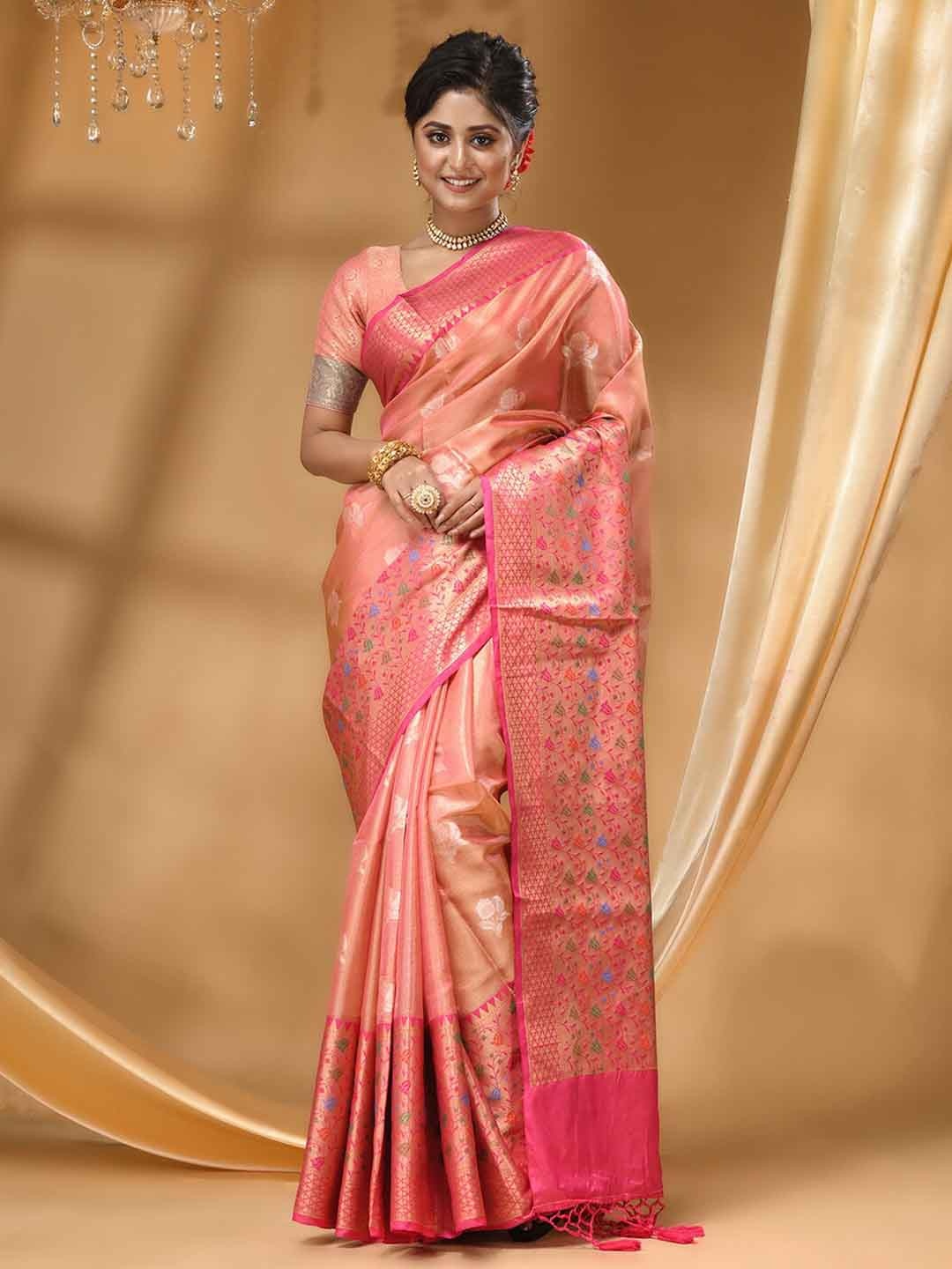 

HOUSE OF BEGUM Floral Woven Design Zari Banarasi Saree, Peach
