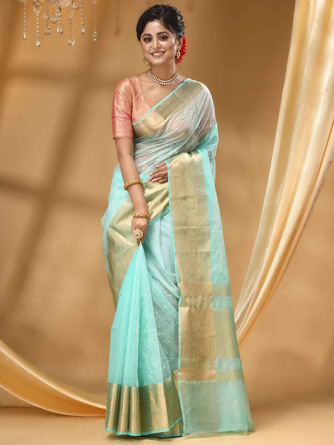 

HOUSE OF BEGUM Floral Woven Design Zari Banarasi Saree, Sea green