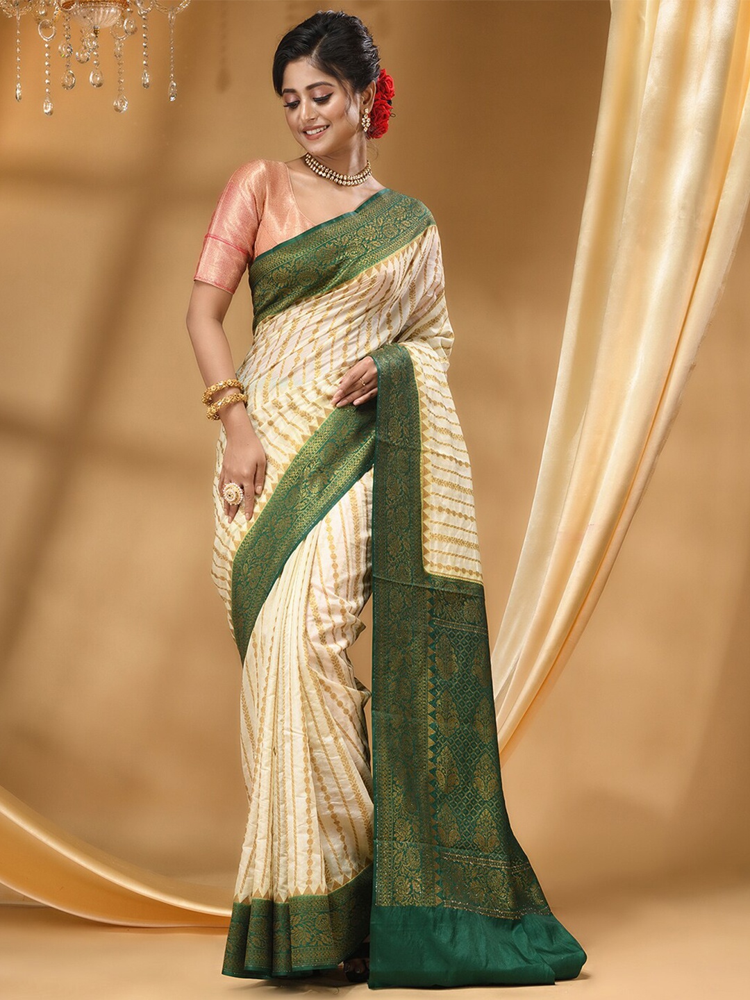 

HOUSE OF BEGUM Ethnic Motifs Woven Design Zari Banarasi Saree, Off white