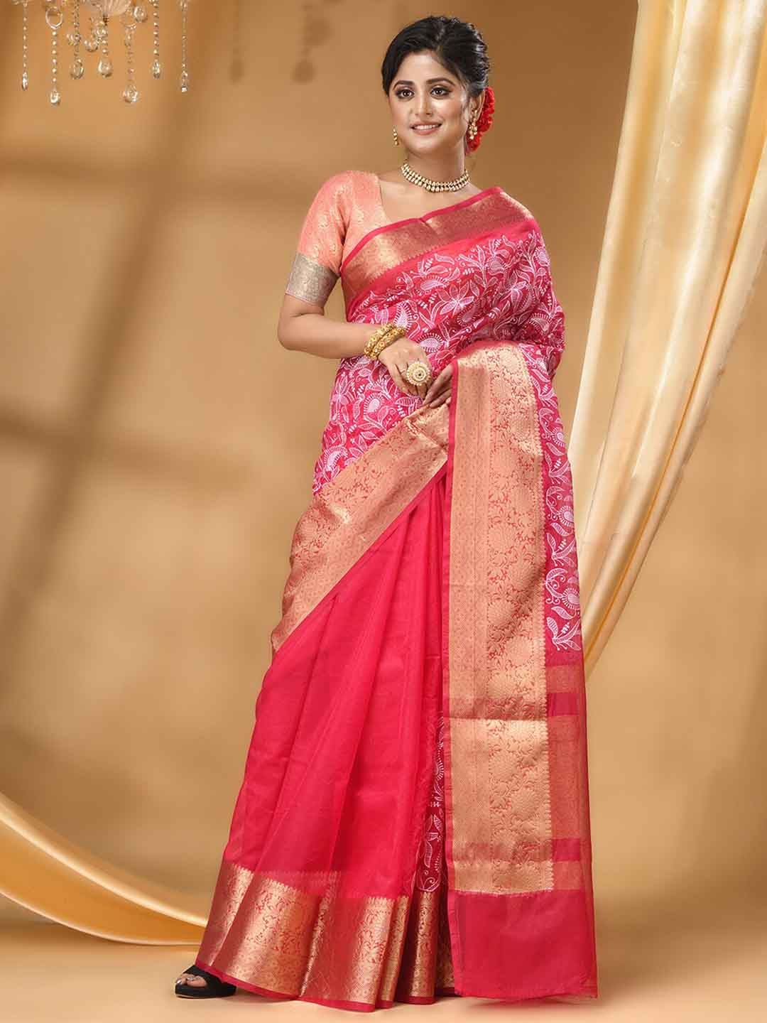 

HOUSE OF BEGUM Floral Woven Design Zari Banarasi Saree, Pink