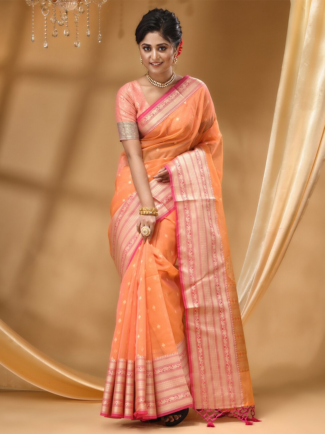 

HOUSE OF BEGUM Floral Woven Design Zari Banarasi Saree, Orange
