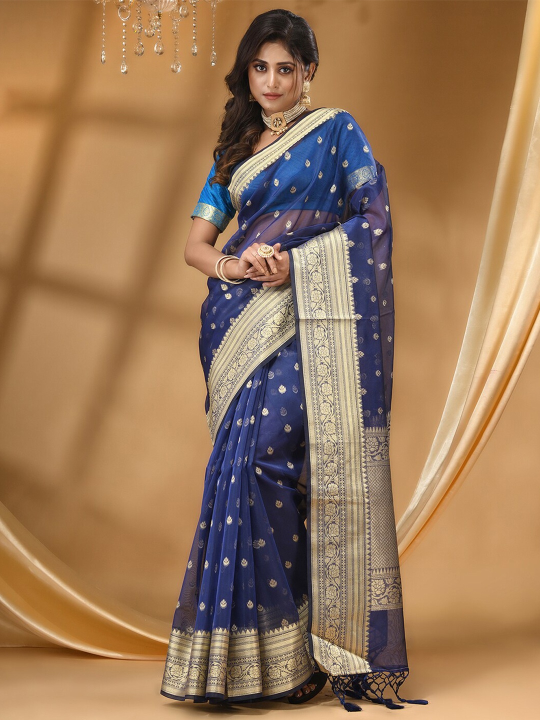 

HOUSE OF BEGUM Ethnic Motifs Woven Design Zari Banarasi Saree, Navy blue