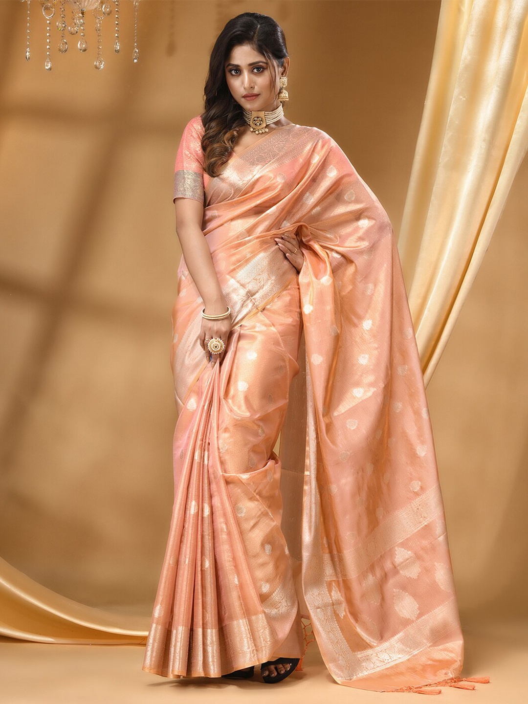 

HOUSE OF BEGUM Ethnic Motifs Woven Design Zari Banarasi Saree, Peach