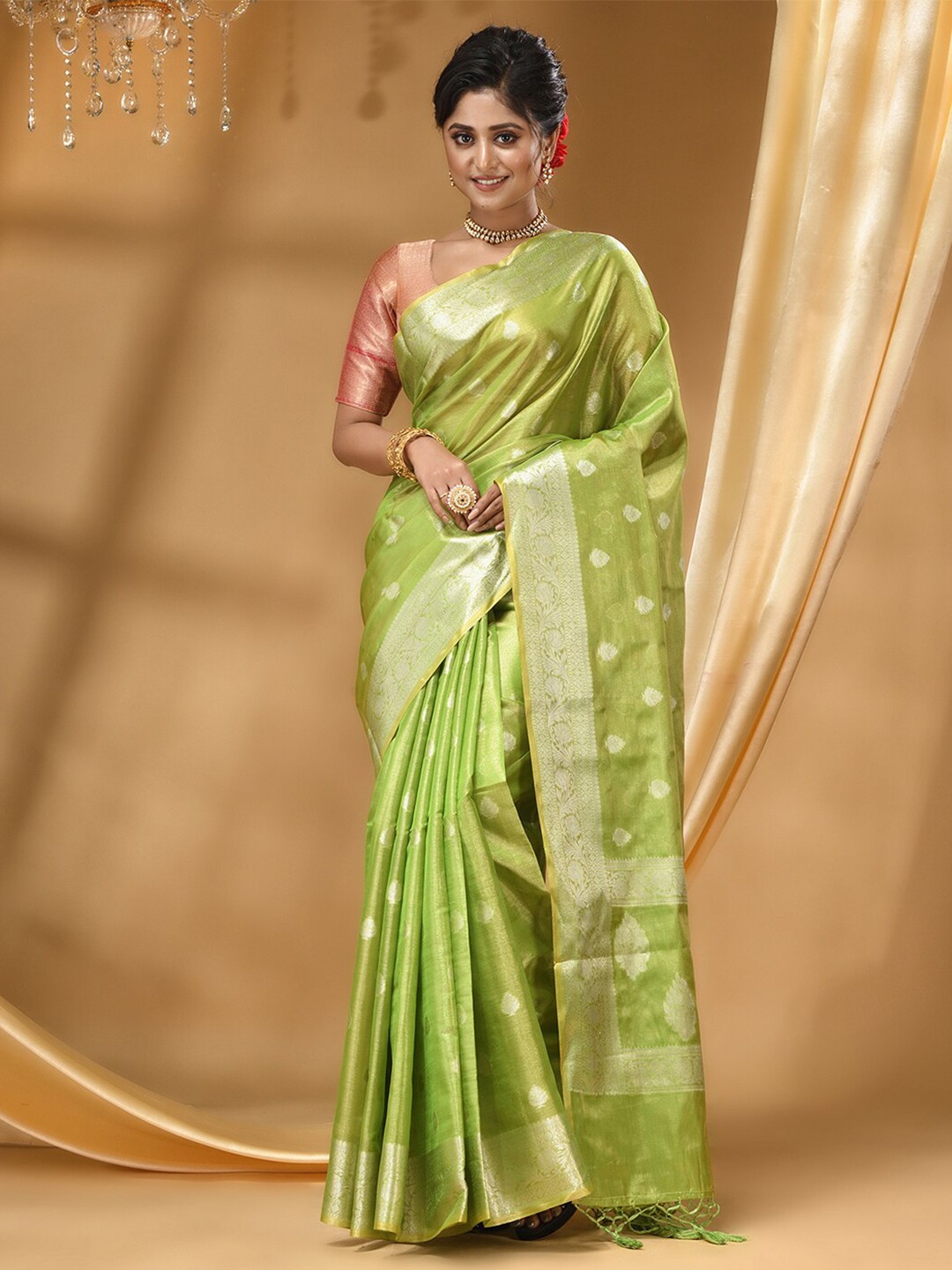 

HOUSE OF BEGUM Ethnic Motifs Woven Design Zari Banarasi Saree, Green