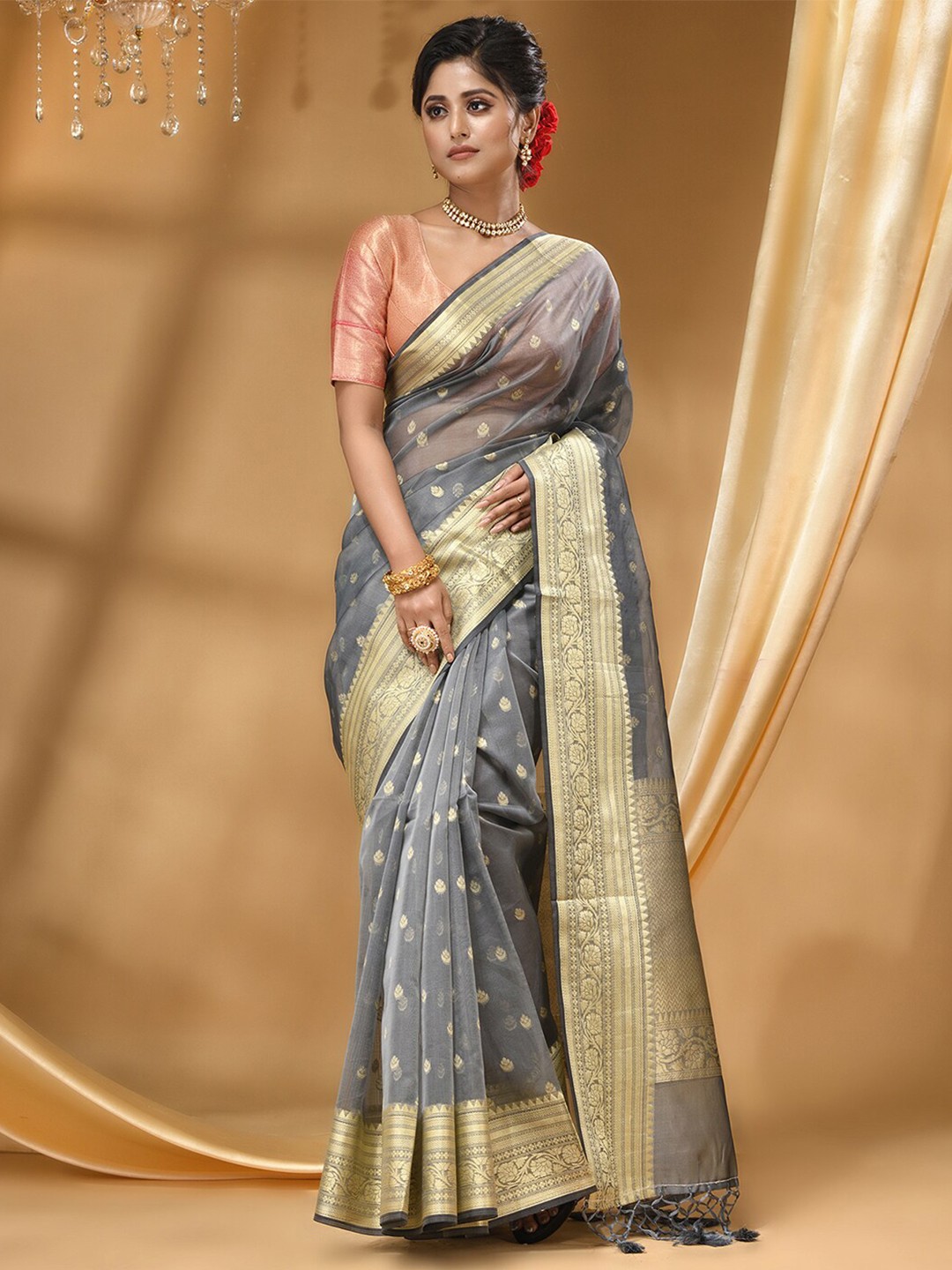 

HOUSE OF BEGUM Ethnic Motifs Woven Design Zari Banarasi Saree, Grey