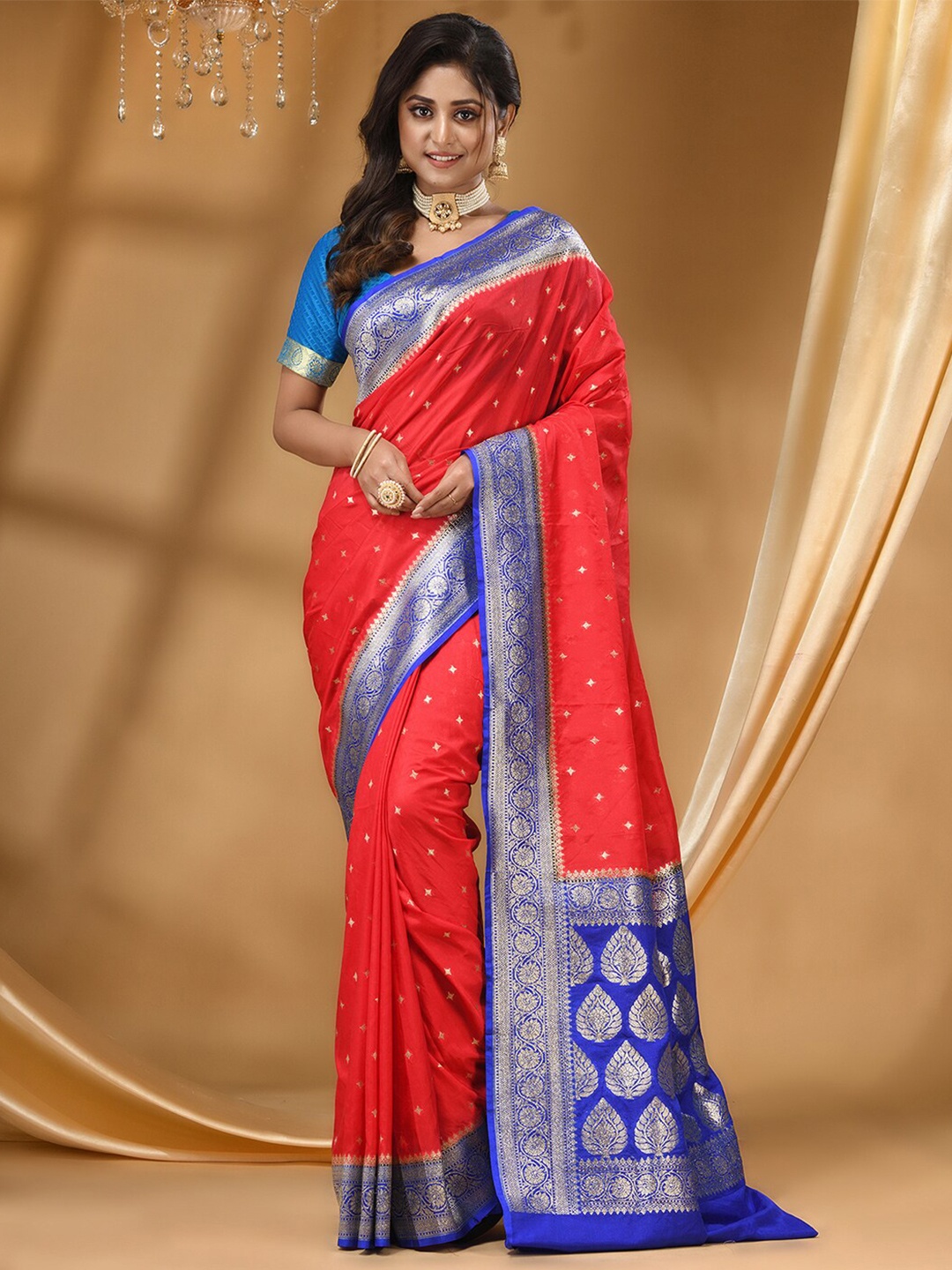 

HOUSE OF BEGUM Floral Woven Design Zari Banarasi Saree, Red