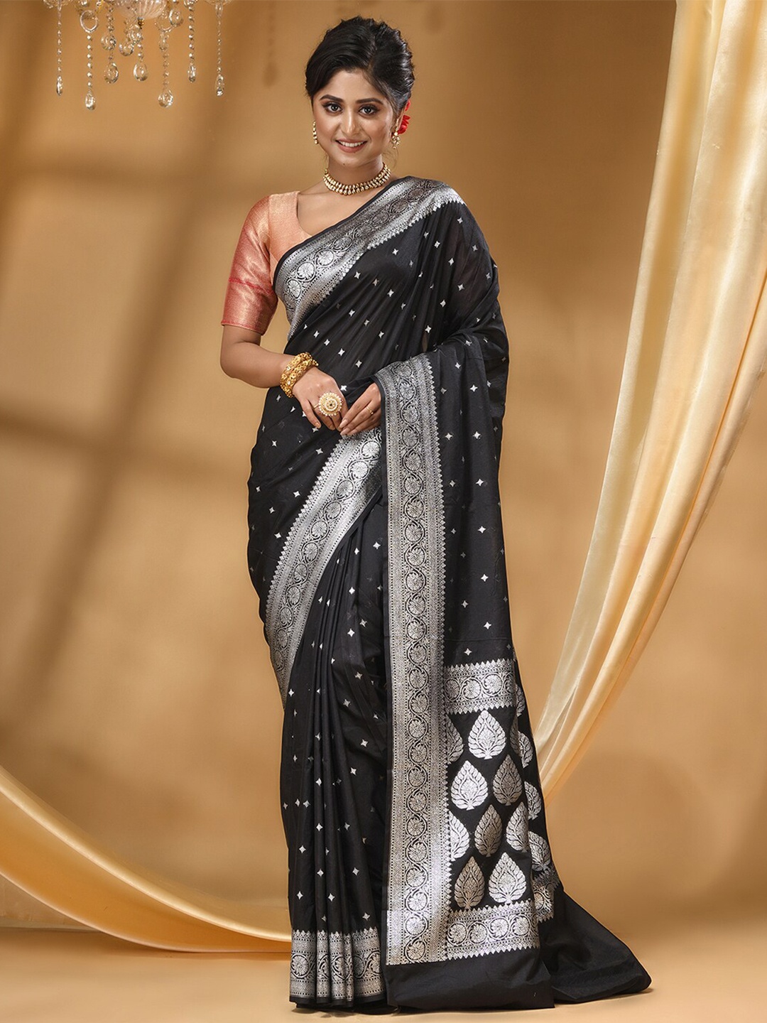 

HOUSE OF BEGUM Floral Woven Design Banarasi Saree, Black