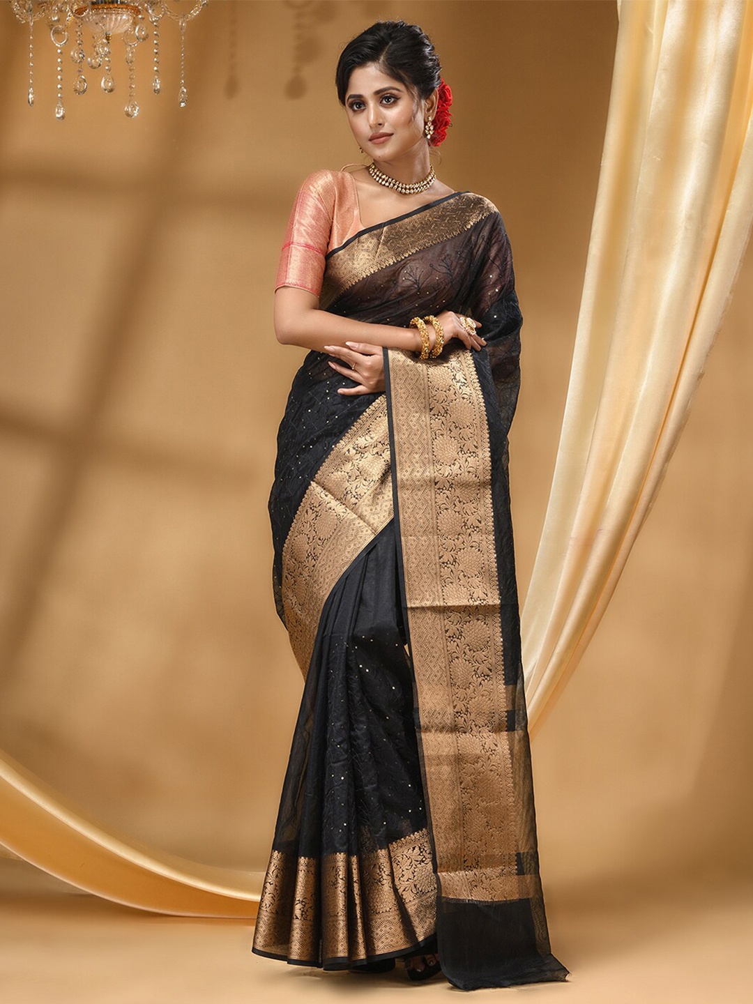 

HOUSE OF BEGUM Ethnic Motifs Woven Design Zari Banarasi Saree, Black