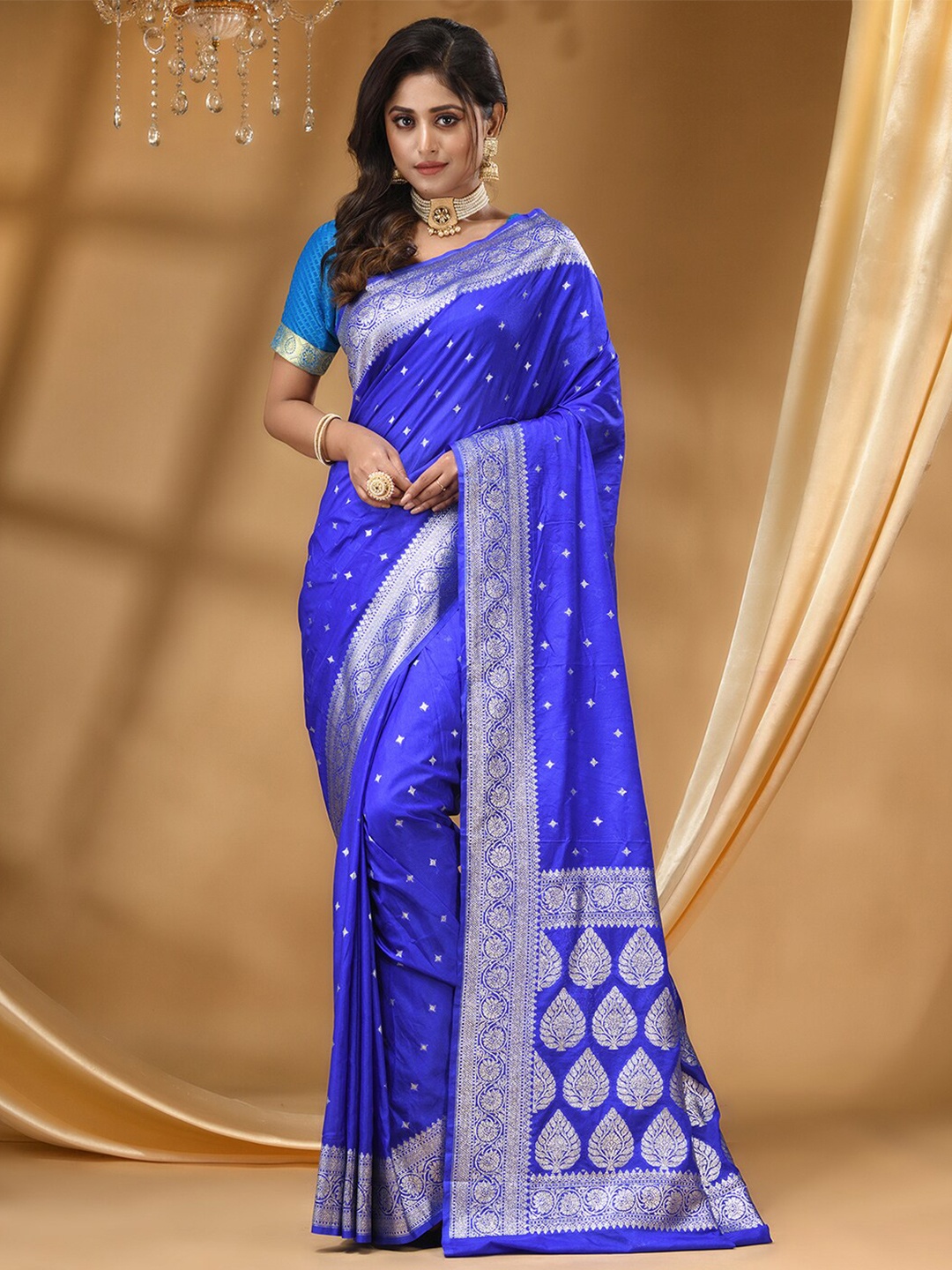 

HOUSE OF BEGUM Floral Woven Design Zari Banarasi Saree, Blue