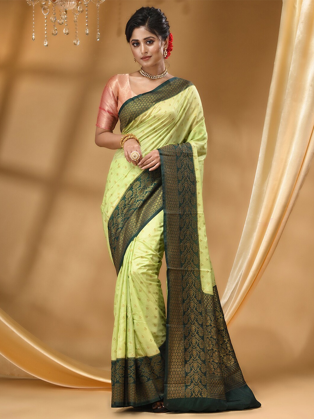 

HOUSE OF BEGUM Ethnic Motifs Woven Design Zari Banarasi Saree, Green