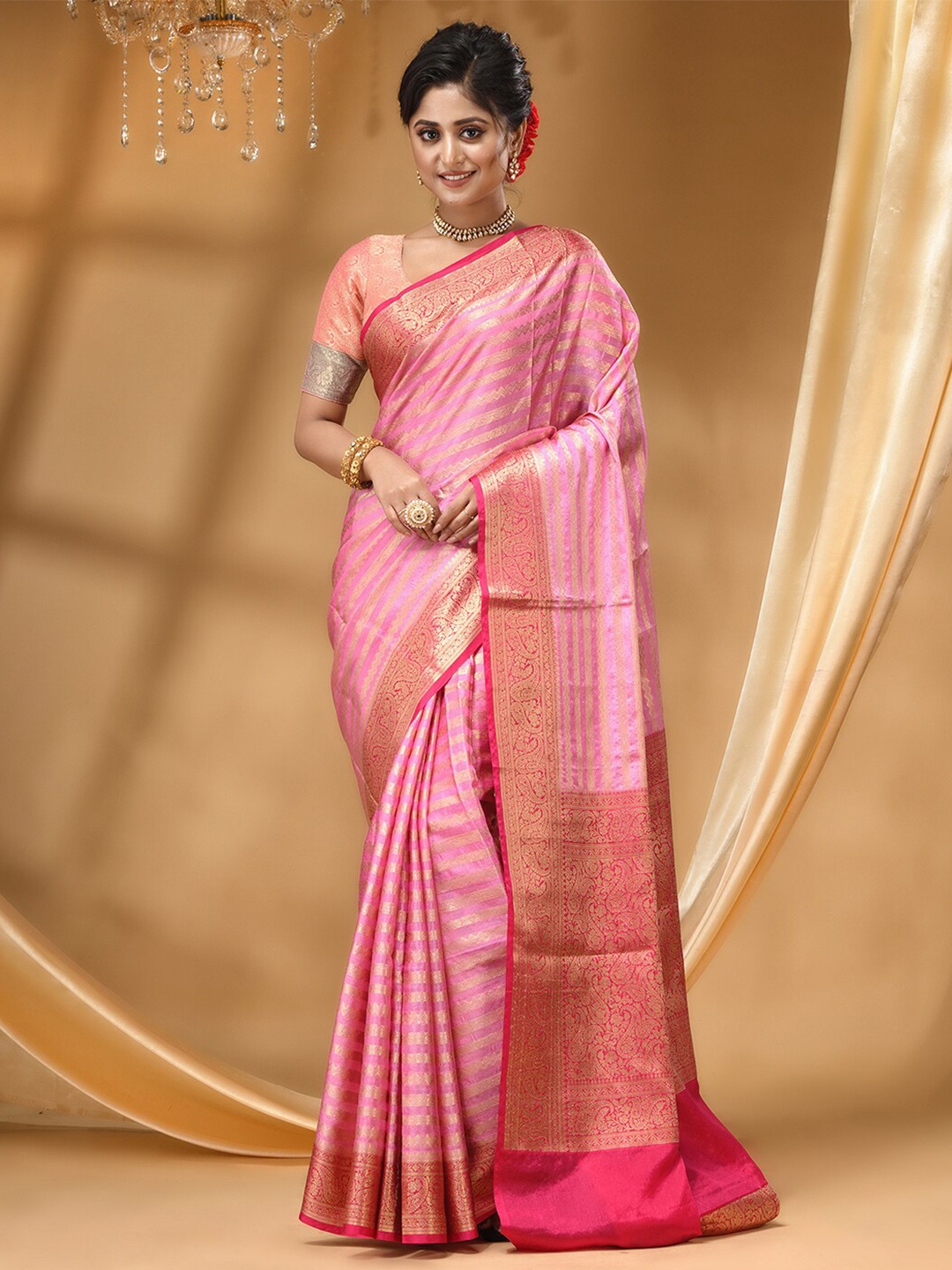 

HOUSE OF BEGUM Ethnic Motifs Woven Design Zari Banarasi Saree, Pink