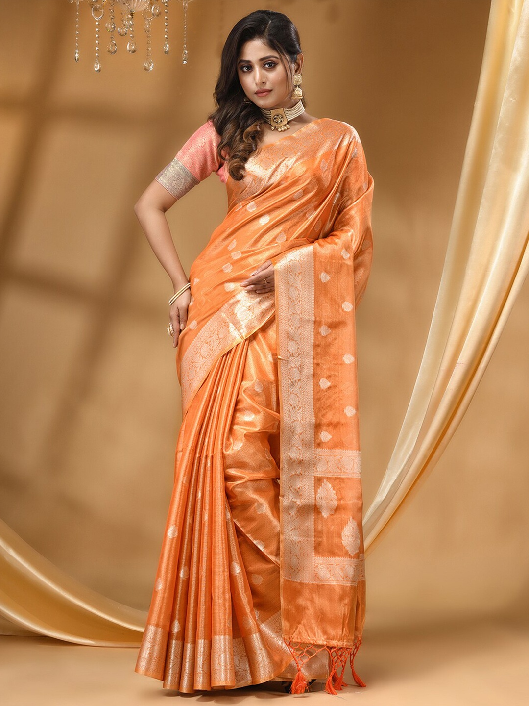 

HOUSE OF BEGUM Ethnic Motifs Woven Design Zari Banarasi Saree, Orange