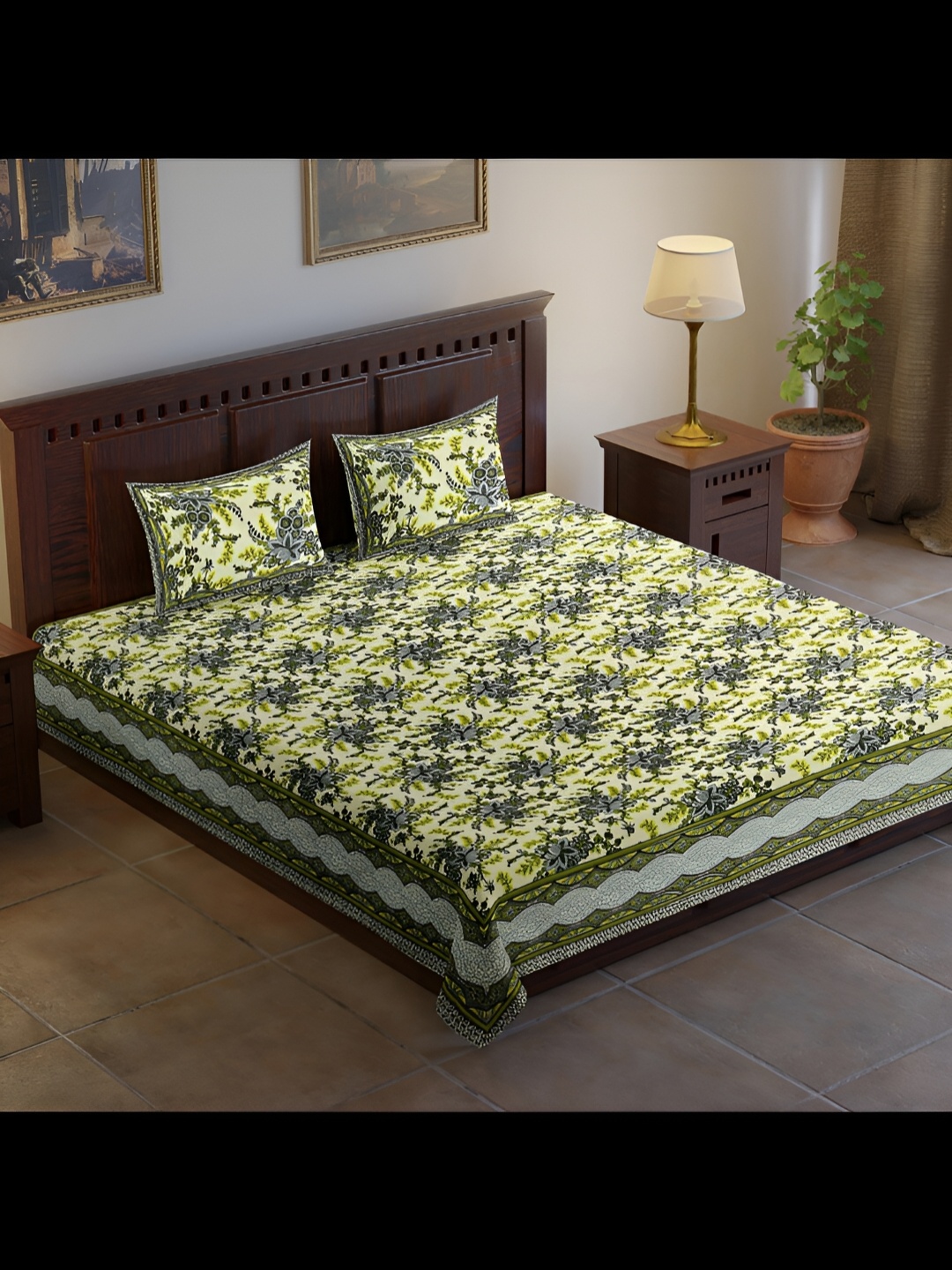 

UBANIA COLLECTION Green & Grey Printed 120 TC King Bedsheet with 2 Pillow Covers