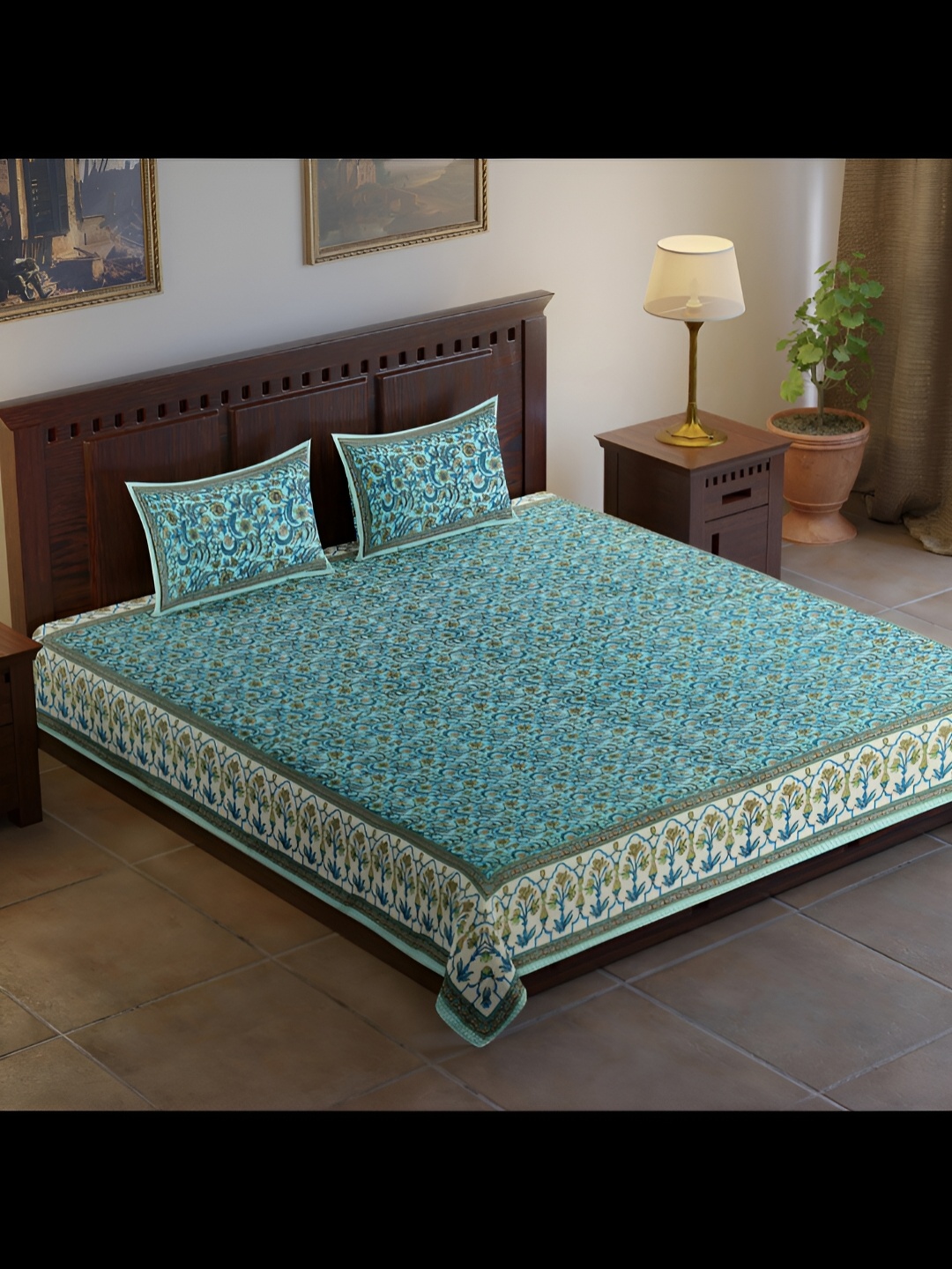 

UBANIA COLLECTION Sea Green & White Printed 120 TC King Bedsheet with 2 Pillow Covers