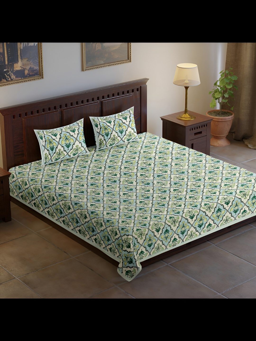 

UBANIA COLLECTION Green & White Printed 120 TC King Bedsheet with 2 Pillow Covers