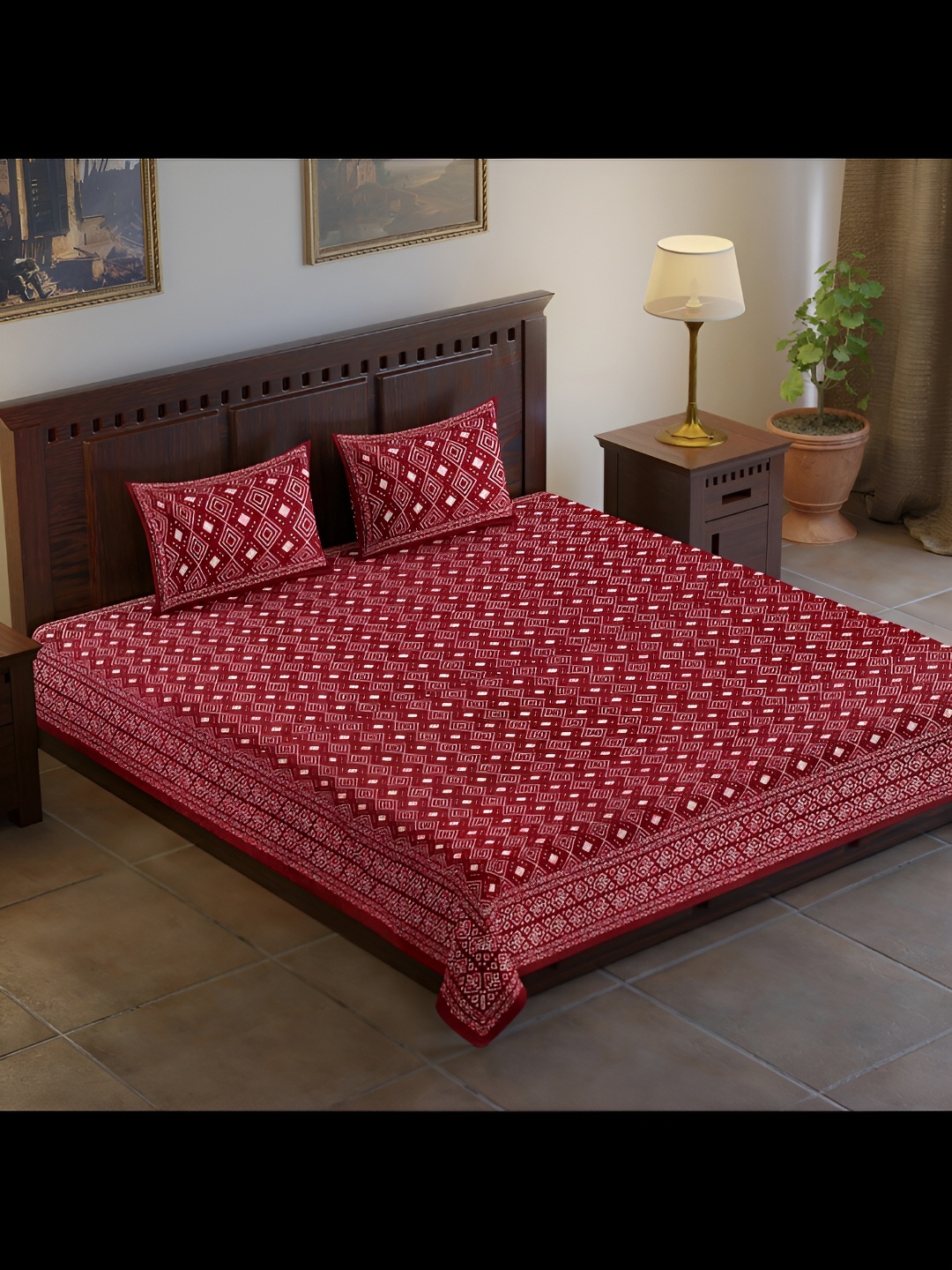 

UBANIA COLLECTION Maroon & White Printed 120 TC King Bedsheet with 2 Pillow Covers