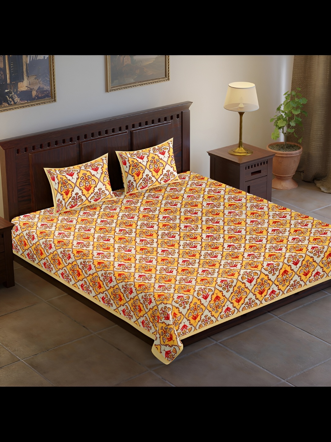 

UBANIA COLLECTION Yellow & White Printed 120 TC King Bedsheet with 2 Pillow Covers