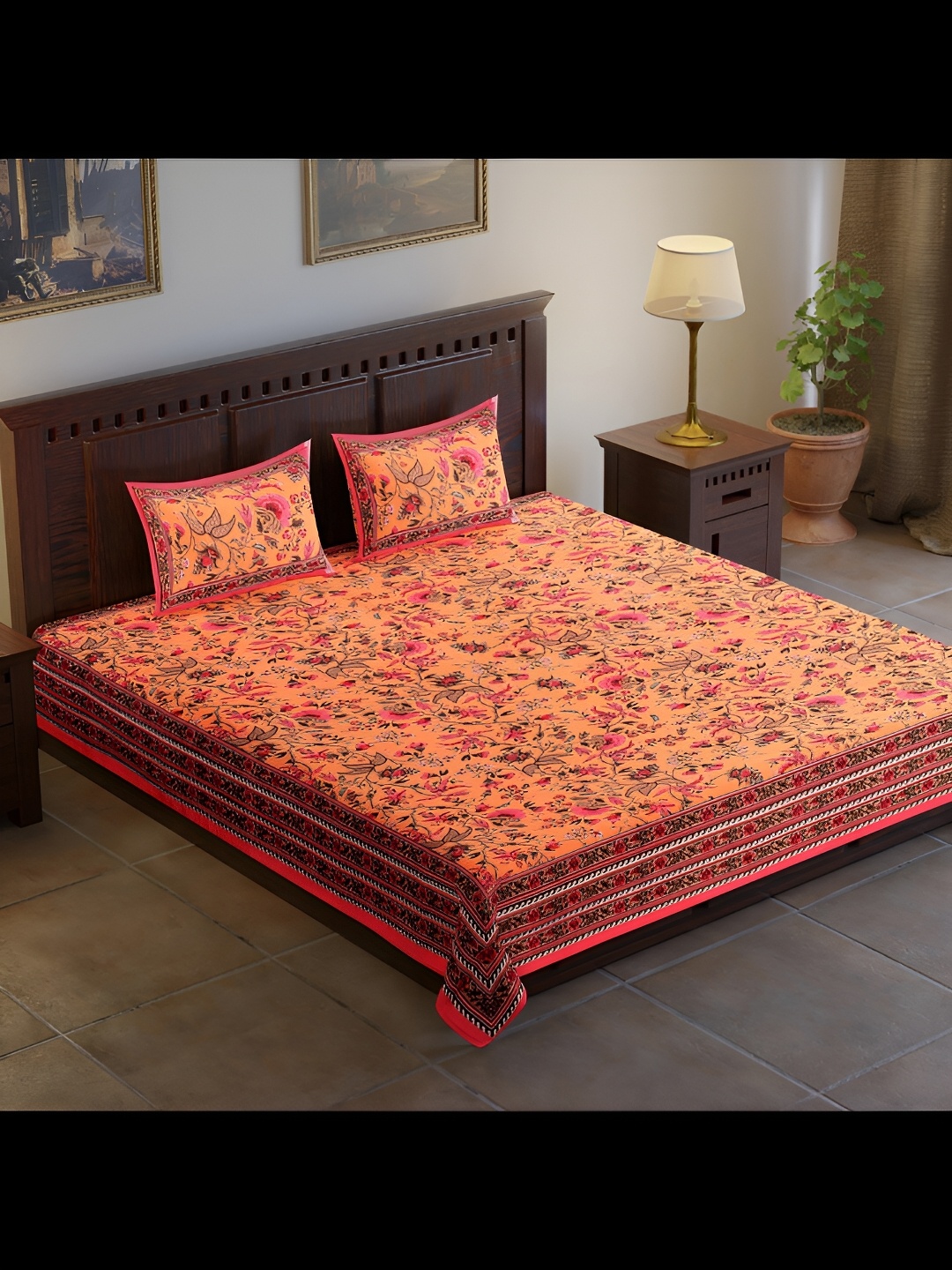 

UBANIA COLLECTION Orange & Pink Printed 120 TC King Bedsheet with 2 Pillow Covers