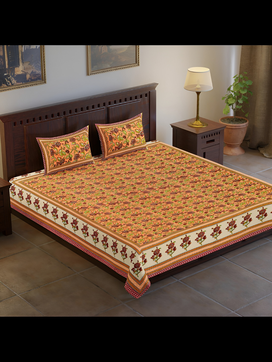 

UBANIA COLLECTION Orange & White Printed 120 TC King Bedsheet with 2 Pillow Covers