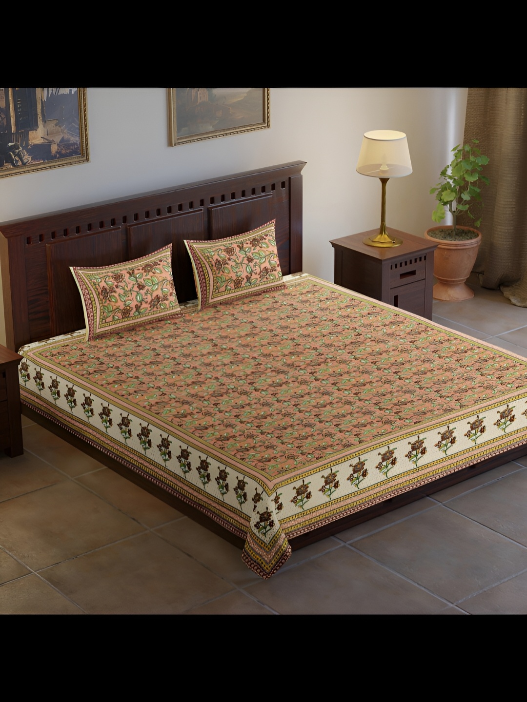 

UBANIA COLLECTION Peach & White Printed 120 TC King Bedsheet with 2 Pillow Covers
