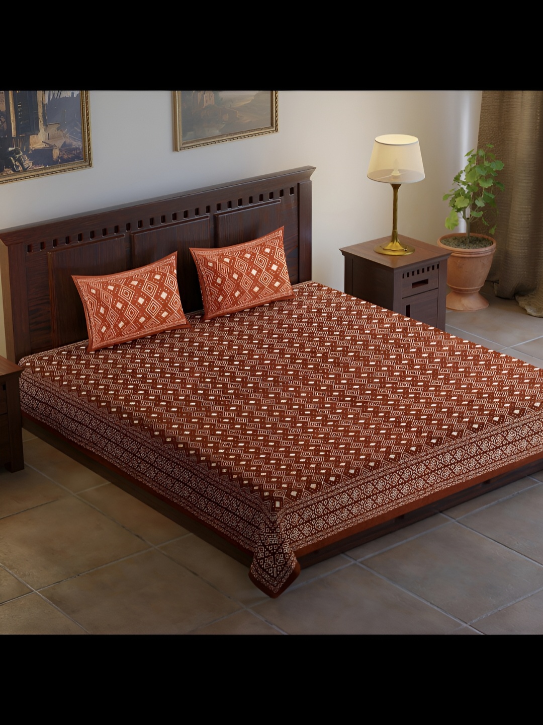 

UBANIA COLLECTION Brown & White Printed 120 TC King Bedsheet with 2 Pillow Covers