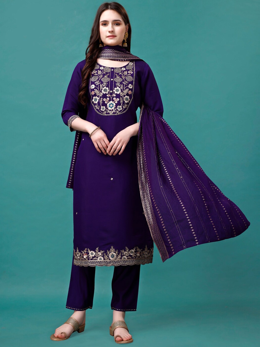 

KALINI Floral Embroidered Chanderi Cotton Kurta & Trousers With Dupatta, Purple