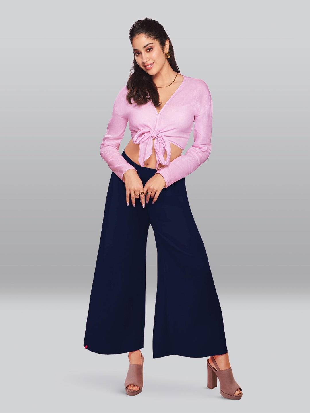 

LYRA Wide Leg Fit Cotton Palazzos, Navy blue